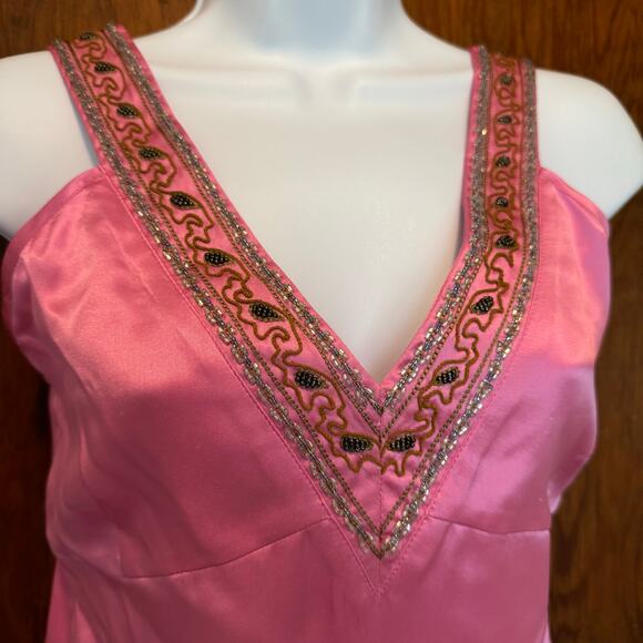 Vintage Y2K Vibrant Pink Silk Beaded Tank Medium Butterfly Paris Babydoll - Picture 2 of 9